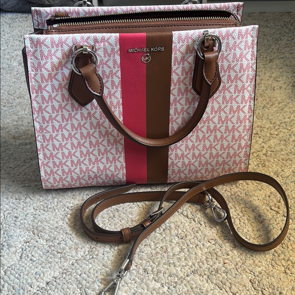 Michael Kors Pink and Brown Satchel with Monogram Pattern